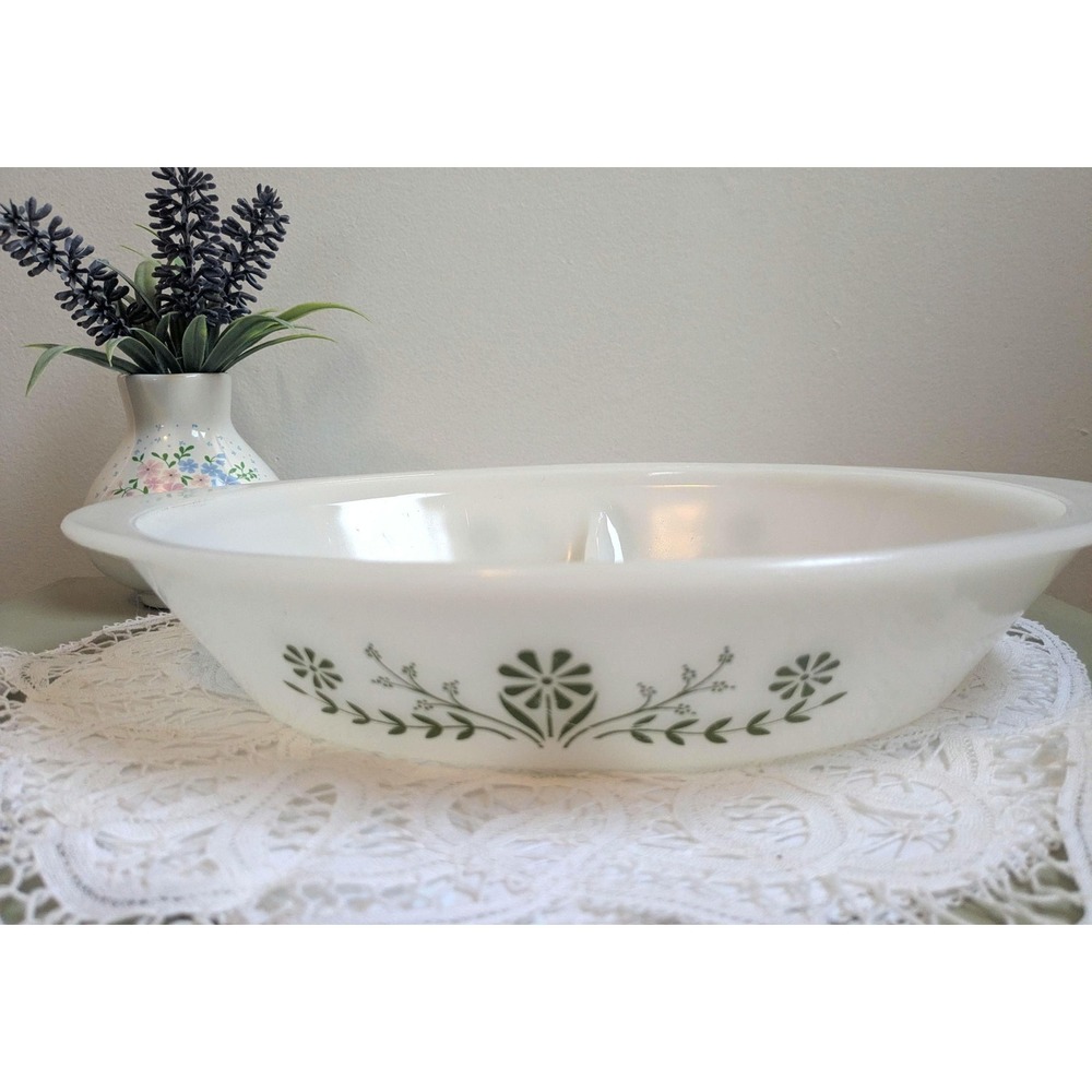 Vintage Glasbake Divided Milk Glass Serving Dish | Green Floral Casserole Dish